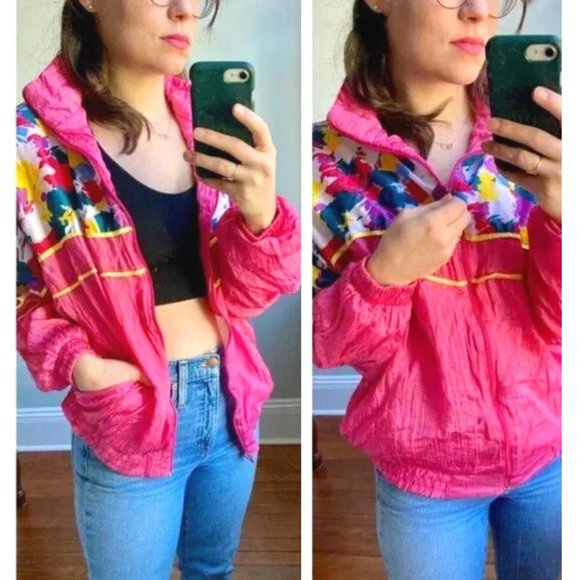 Vintage 90s Pink Streetwear Abstract Graphic Windbreaker Puffer Jacket S - Picture 1 of 10